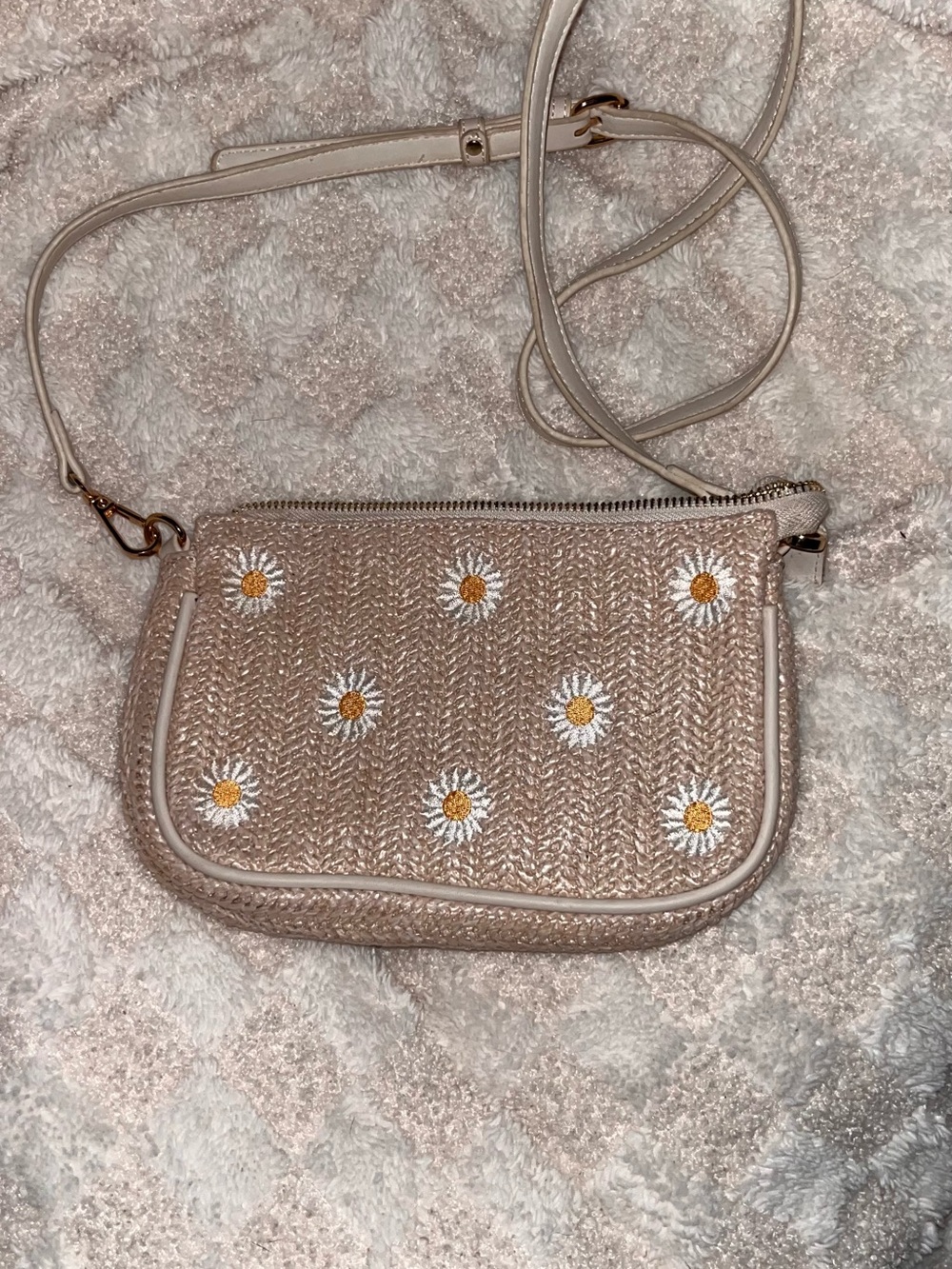 Beige Daisy Embroidered Crossbody Bag